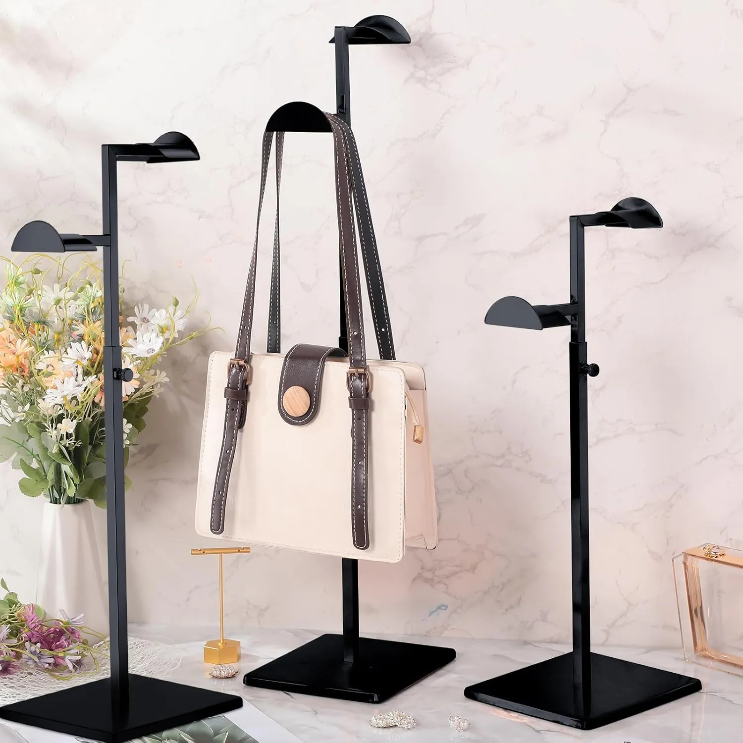 Hicarer Stainless Steel Purse Display Stand Adjustable Height Handbag Display Stand Hanging Double Hook Polished Hanger Bag Holder Hat Jewelry Rack for Boutique Store(Black,4 Pcs)