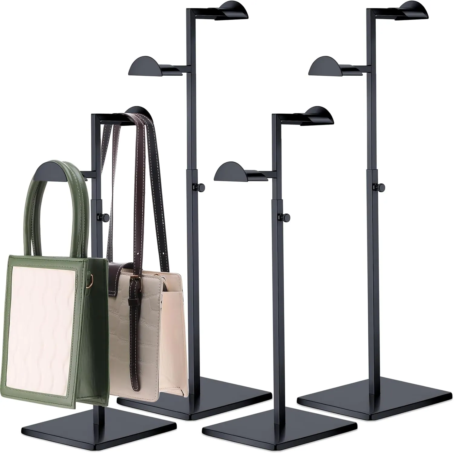 Hicarer Stainless Steel Purse Display Stand Adjustable Height Handbag Display Stand Hanging Double Hook Polished Hanger Bag Holder Hat Jewelry Rack for Boutique Store(Black,4 Pcs)