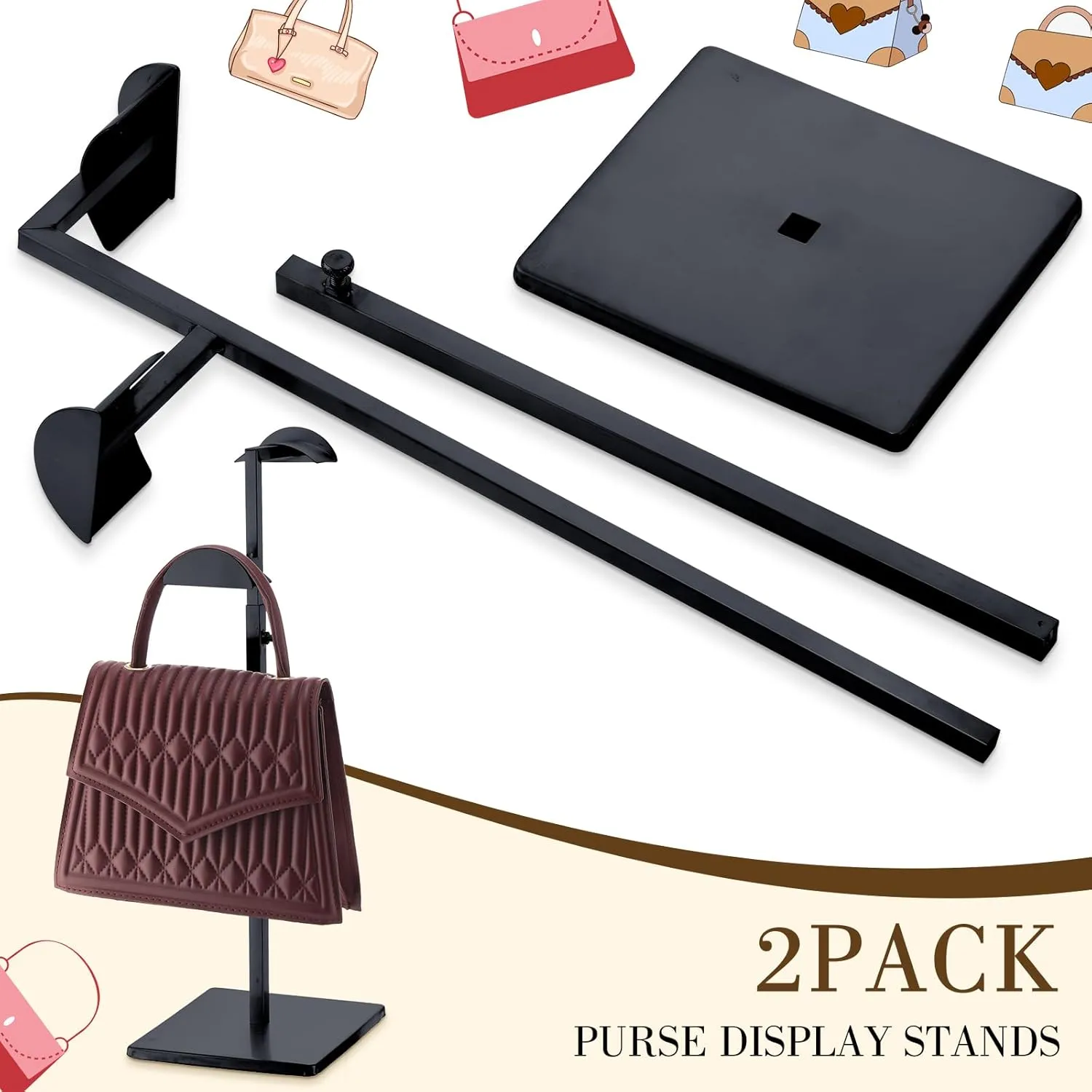 Hicarer Stainless Steel Purse Display Stand Adjustable Height Handbag Display Stand Hanging Double Hook Polished Hanger Bag Holder Hat Jewelry Rack for Boutique Store(Black,4 Pcs)