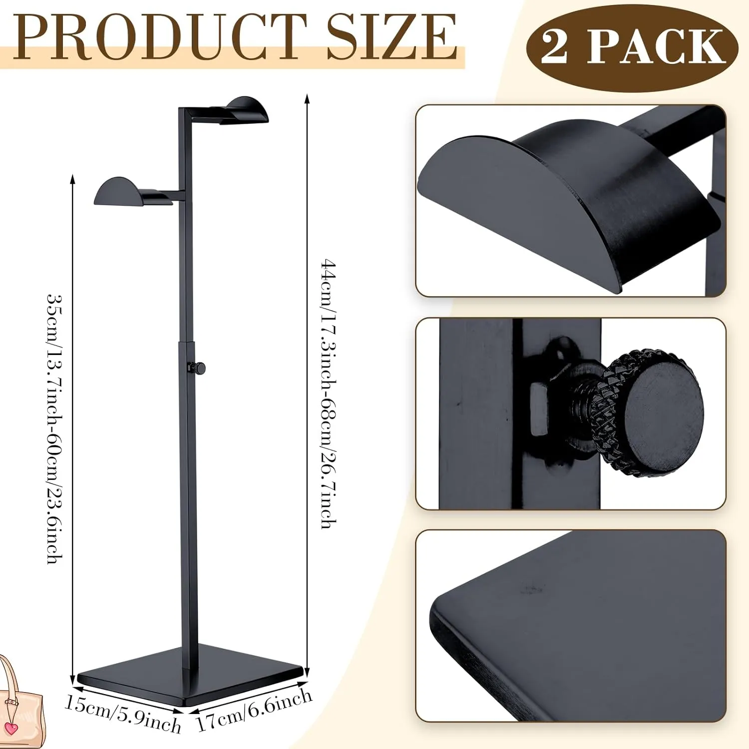 Hicarer Stainless Steel Purse Display Stand Adjustable Height Handbag Display Stand Hanging Double Hook Polished Hanger Bag Holder Hat Jewelry Rack for Boutique Store(Black,4 Pcs)
