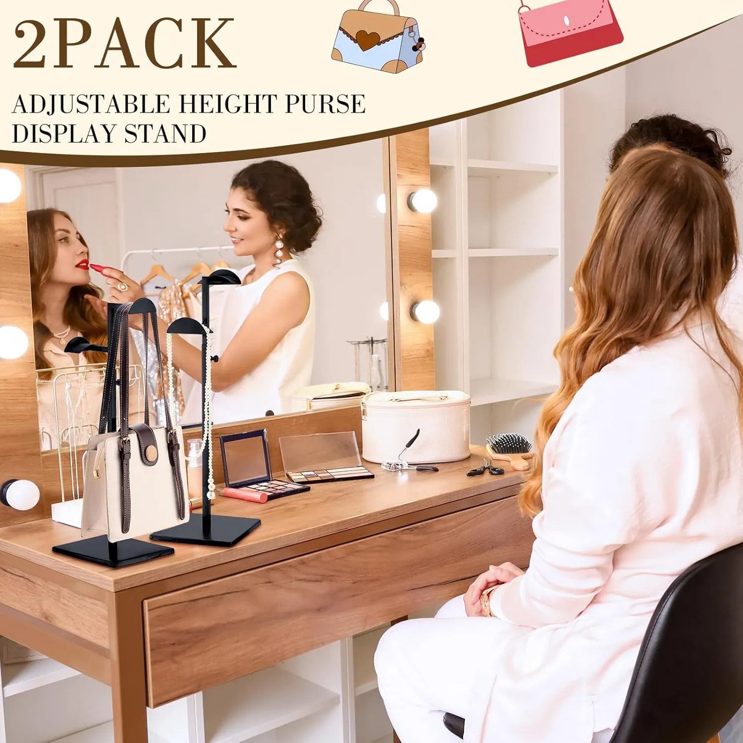 Hicarer Stainless Steel Purse Display Stand Adjustable Height Handbag Display Stand Hanging Double Hook Polished Hanger Bag Holder Hat Jewelry Rack for Boutique Store(Black,4 Pcs)