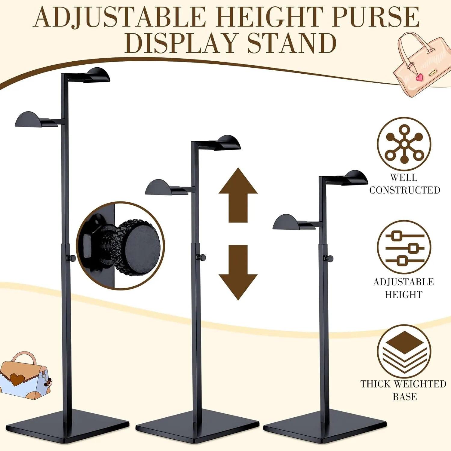 Hicarer Stainless Steel Purse Display Stand Adjustable Height Handbag Display Stand Hanging Double Hook Polished Hanger Bag Holder Hat Jewelry Rack for Boutique Store(Black,4 Pcs)