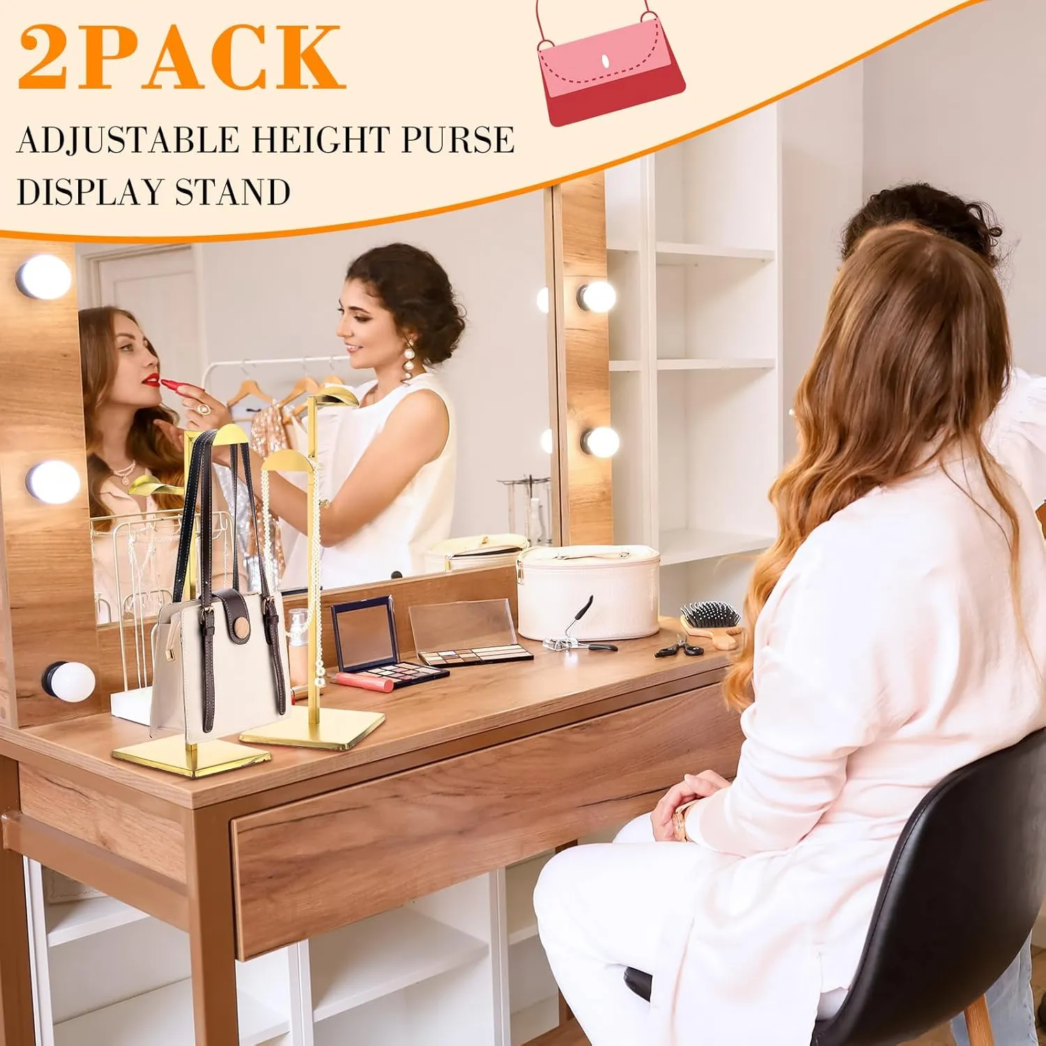 Hicarer Stainless Steel Purse Display Stand Adjustable Height Handbag Display Stand Hanging Double Hook Polished Hanger Bag Holder Hat Jewelry Rack for Boutique Store(Gold,2 Pcs)