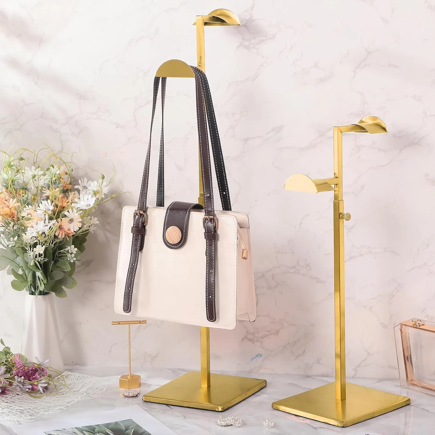 Hicarer Stainless Steel Purse Display Stand Adjustable Height Handbag Display Stand Hanging Double Hook Polished Hanger Bag Holder Hat Jewelry Rack for Boutique Store(Gold,2 Pcs)