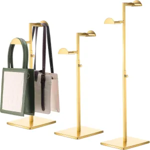 Hicarer Stainless Steel Purse Display Stand Adjustable Height Handbag Display Stand Hanging Double Hook Polished Hanger Bag Holder Hat Jewelry Rack for Boutique Store(Gold,2 Pcs)