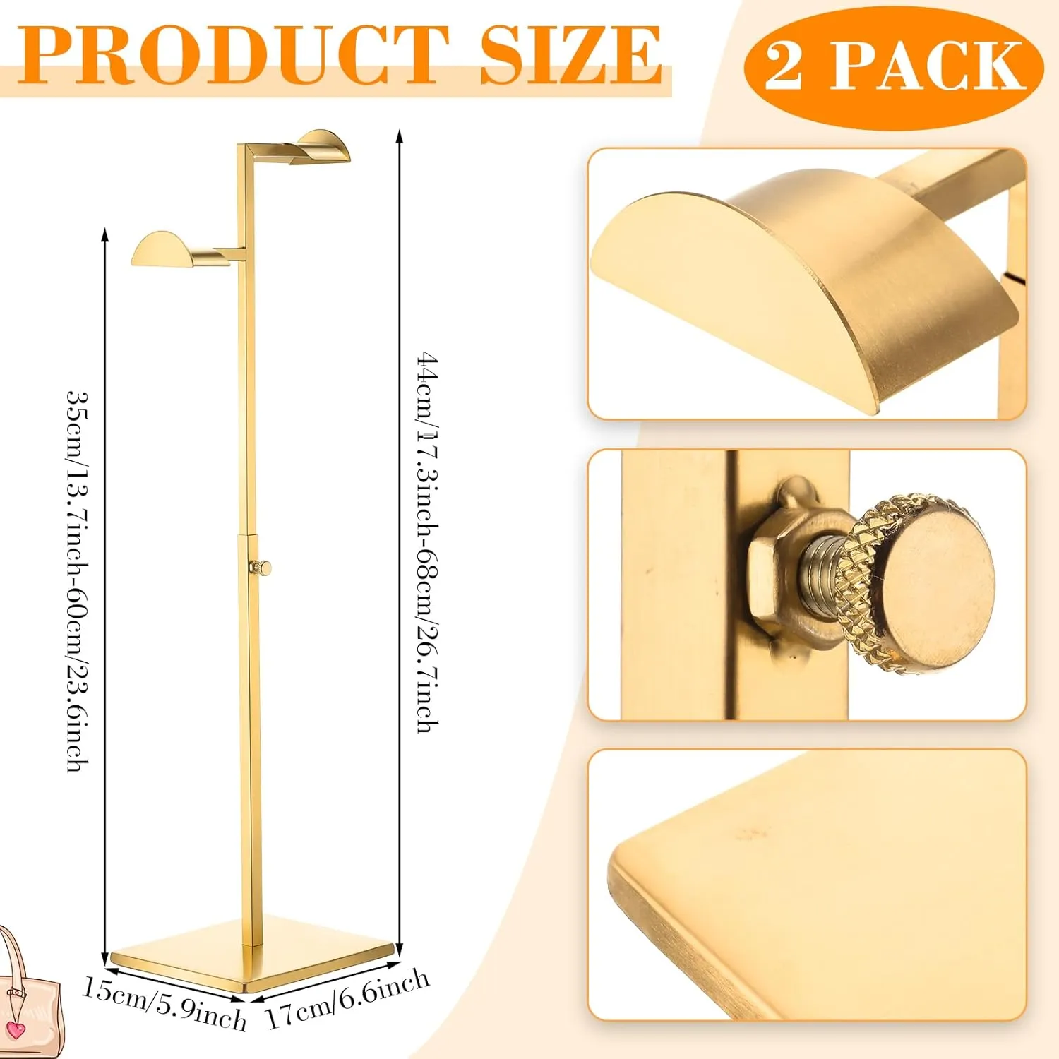 Hicarer Stainless Steel Purse Display Stand Adjustable Height Handbag Display Stand Hanging Double Hook Polished Hanger Bag Holder Hat Jewelry Rack for Boutique Store(Gold,2 Pcs)