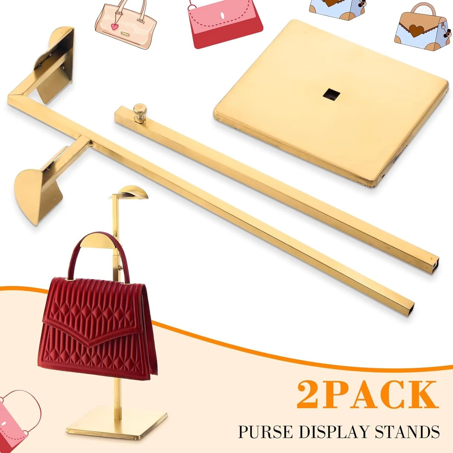 Hicarer Stainless Steel Purse Display Stand Adjustable Height Handbag Display Stand Hanging Double Hook Polished Hanger Bag Holder Hat Jewelry Rack for Boutique Store(Gold,2 Pcs)