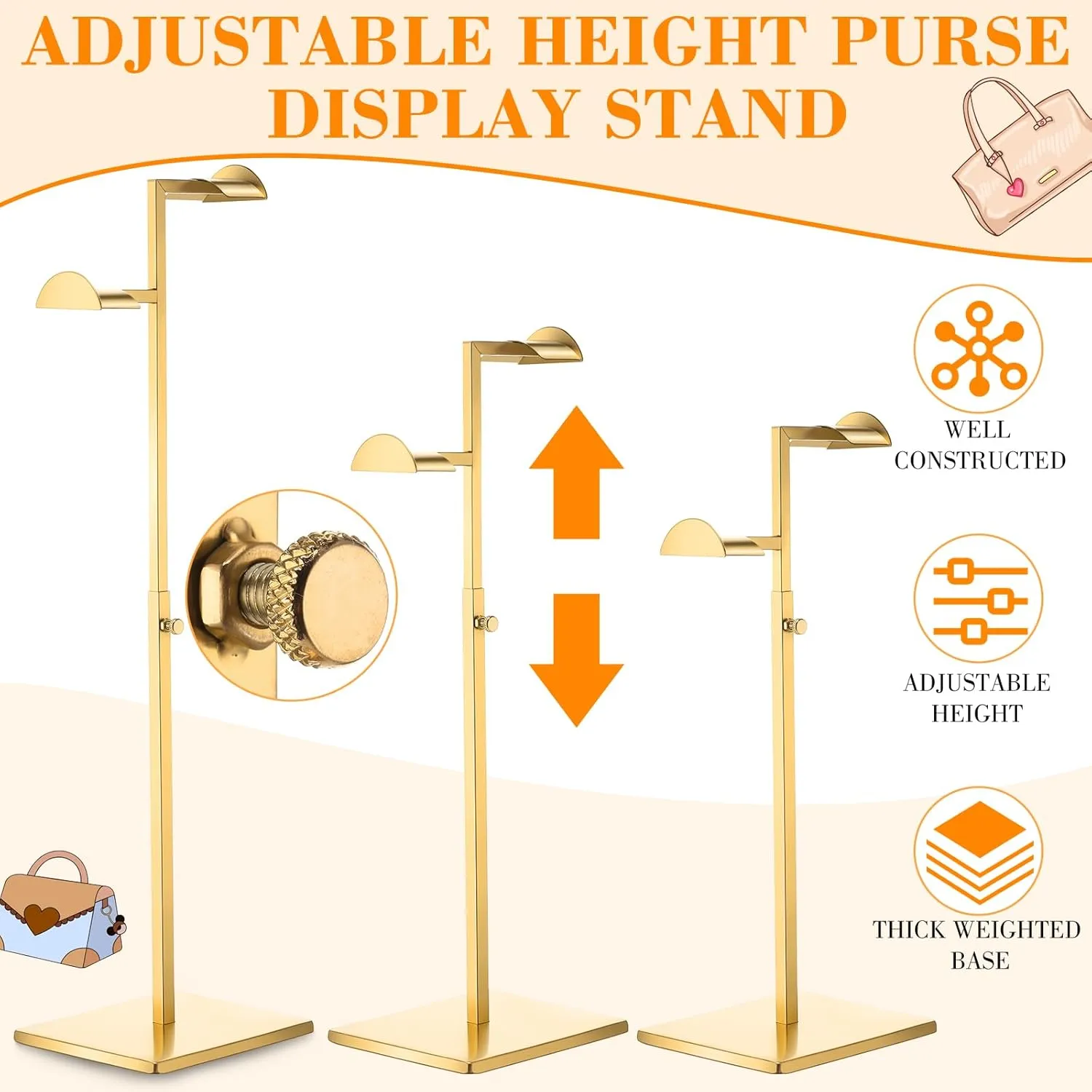 Hicarer Stainless Steel Purse Display Stand Adjustable Height Handbag Display Stand Hanging Double Hook Polished Hanger Bag Holder Hat Jewelry Rack for Boutique Store(Gold,2 Pcs)