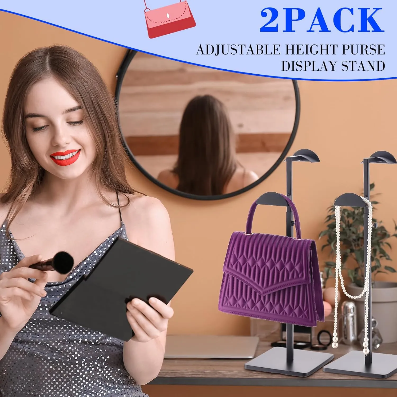 Hicarer Stainless Steel Purse Display Stand Adjustable Height Handbag Display Stand Hanging Double Hook Polished Hanger Bag Holder Stand Hat Jewelry Display Rack for Boutique Store (Black,2 Pcs)