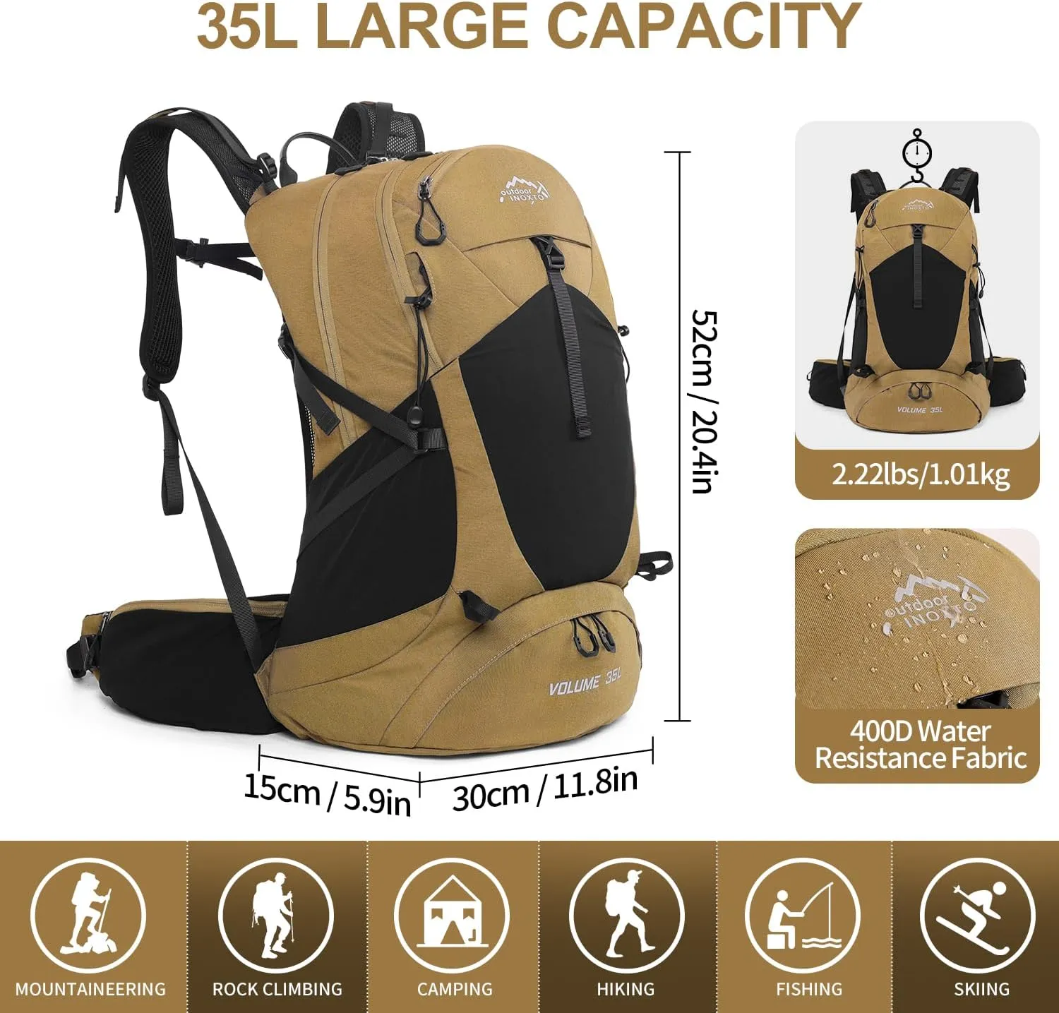 Hiking Backpack,35L Waterproof Hiking Daypack with 3L Water Bladder and Rain Cover, Lightweight Travel Camping Backpack for Men Women (Khaki Without 3L Bladder)