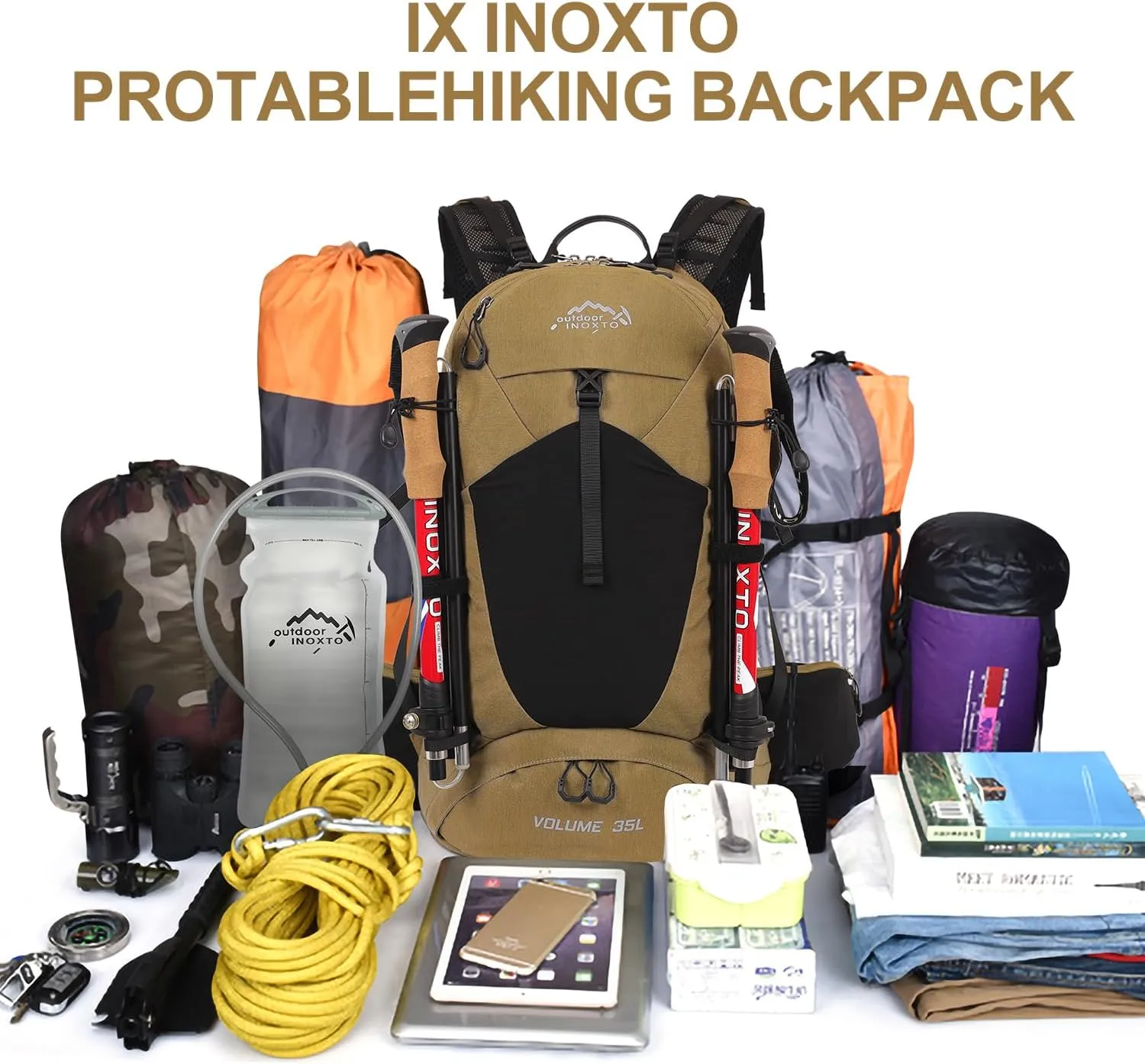 Hiking Backpack,35L Waterproof Hiking Daypack with 3L Water Bladder and Rain Cover, Lightweight Travel Camping Backpack for Men Women (Khaki Without 3L Bladder)