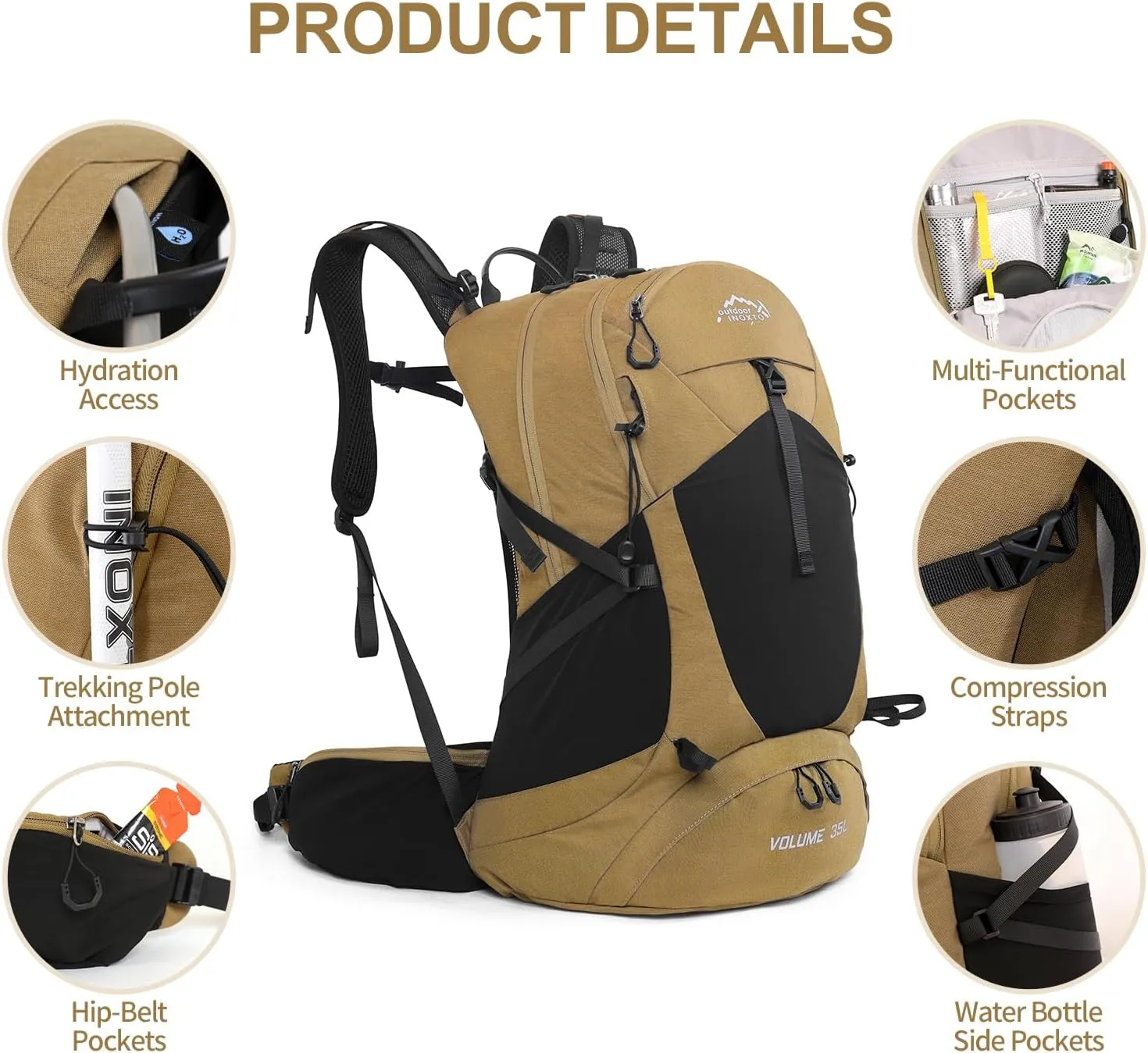 Hiking Backpack,35L Waterproof Hiking Daypack with 3L Water Bladder and Rain Cover, Lightweight Travel Camping Backpack for Men Women (Khaki Without 3L Bladder)
