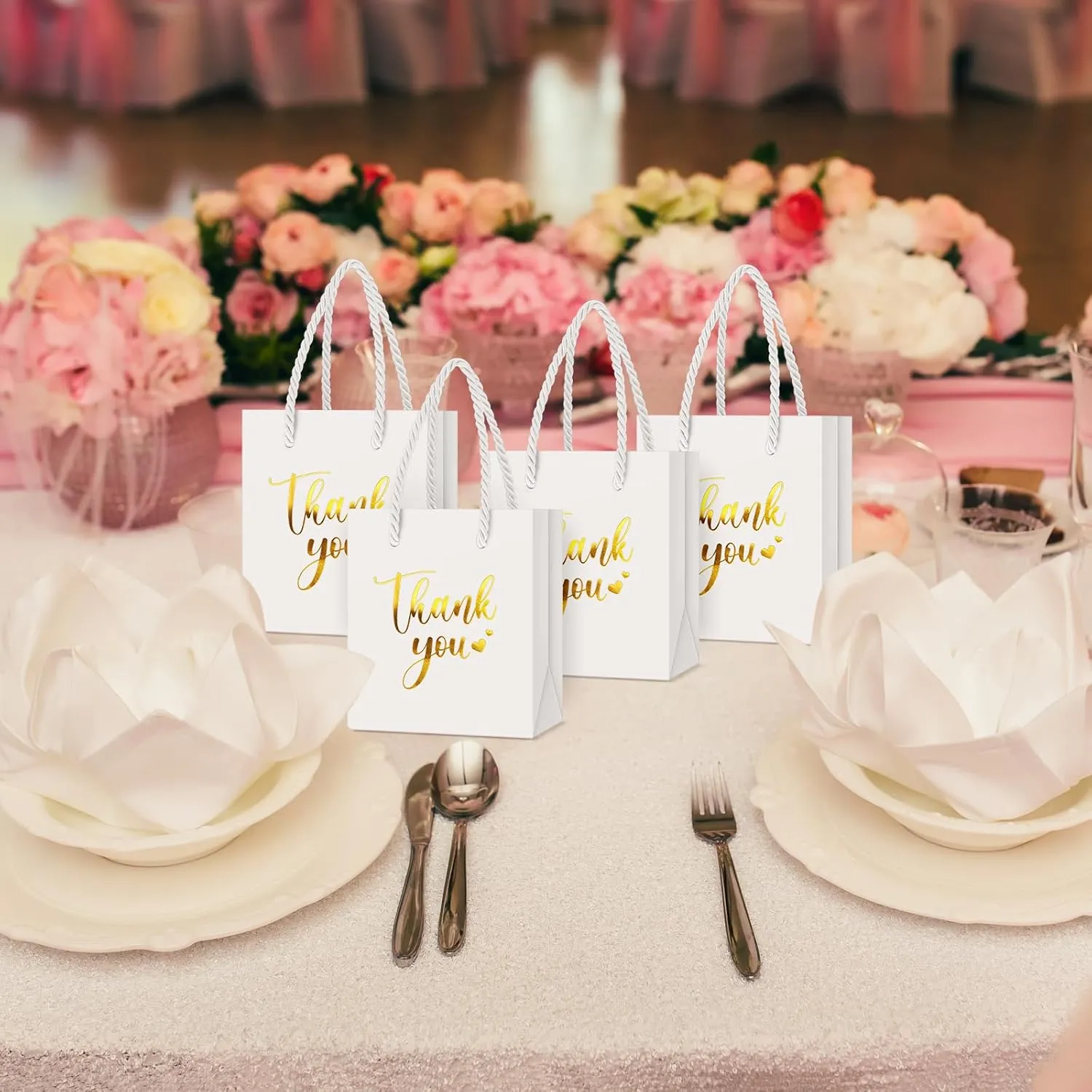 Honoson 30 Pcs Mini Gift Bag with Handle 4 x 2.75 x 4.5'' Small Thank You Paper Bag for Wedding Baby Shower Birthday Graduation Thanksgiving Party Favor Supplies(White/Gold)