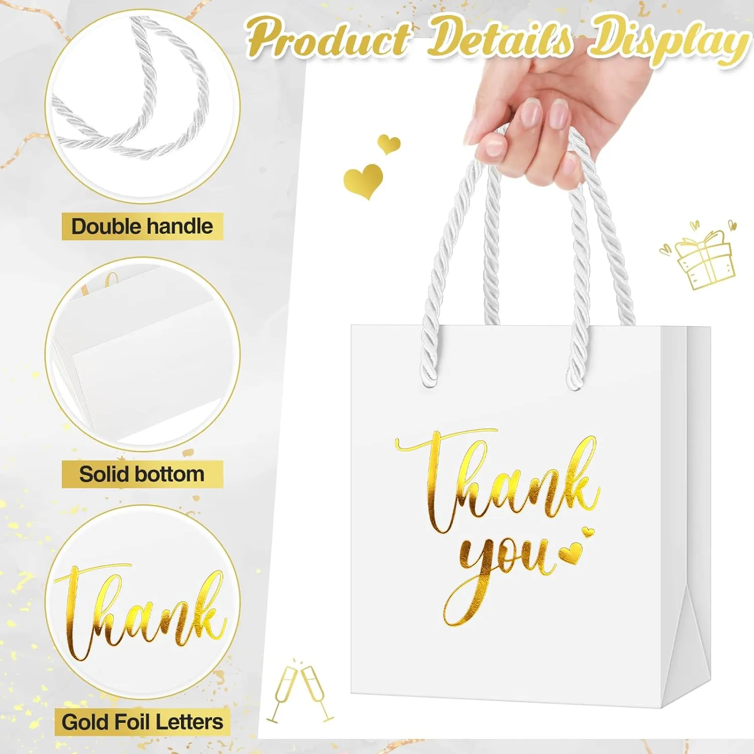 Honoson 30 Pcs Mini Gift Bag with Handle 4 x 2.75 x 4.5'' Small Thank You Paper Bag for Wedding Baby Shower Birthday Graduation Thanksgiving Party Favor Supplies(White/Gold)