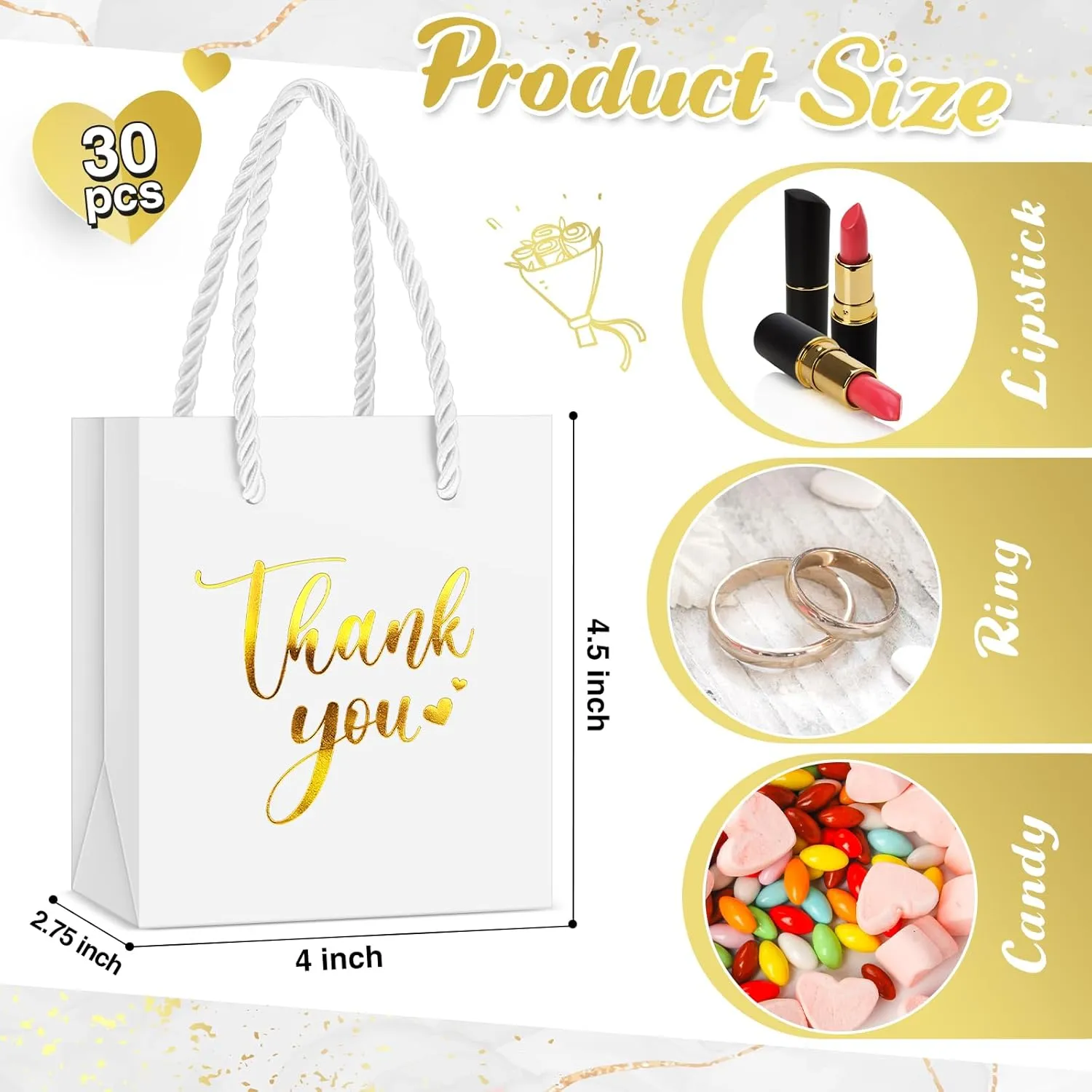 Honoson 30 Pcs Mini Gift Bag with Handle 4 x 2.75 x 4.5'' Small Thank You Paper Bag for Wedding Baby Shower Birthday Graduation Thanksgiving Party Favor Supplies(White/Gold)