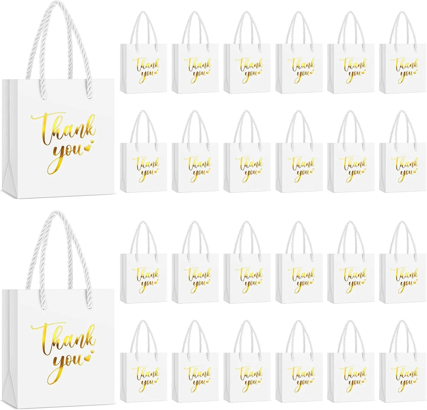 Honoson 30 Pcs Mini Gift Bag with Handle 4 x 2.75 x 4.5'' Small Thank You Paper Bag for Wedding Baby Shower Birthday Graduation Thanksgiving Party Favor Supplies(White/Gold)