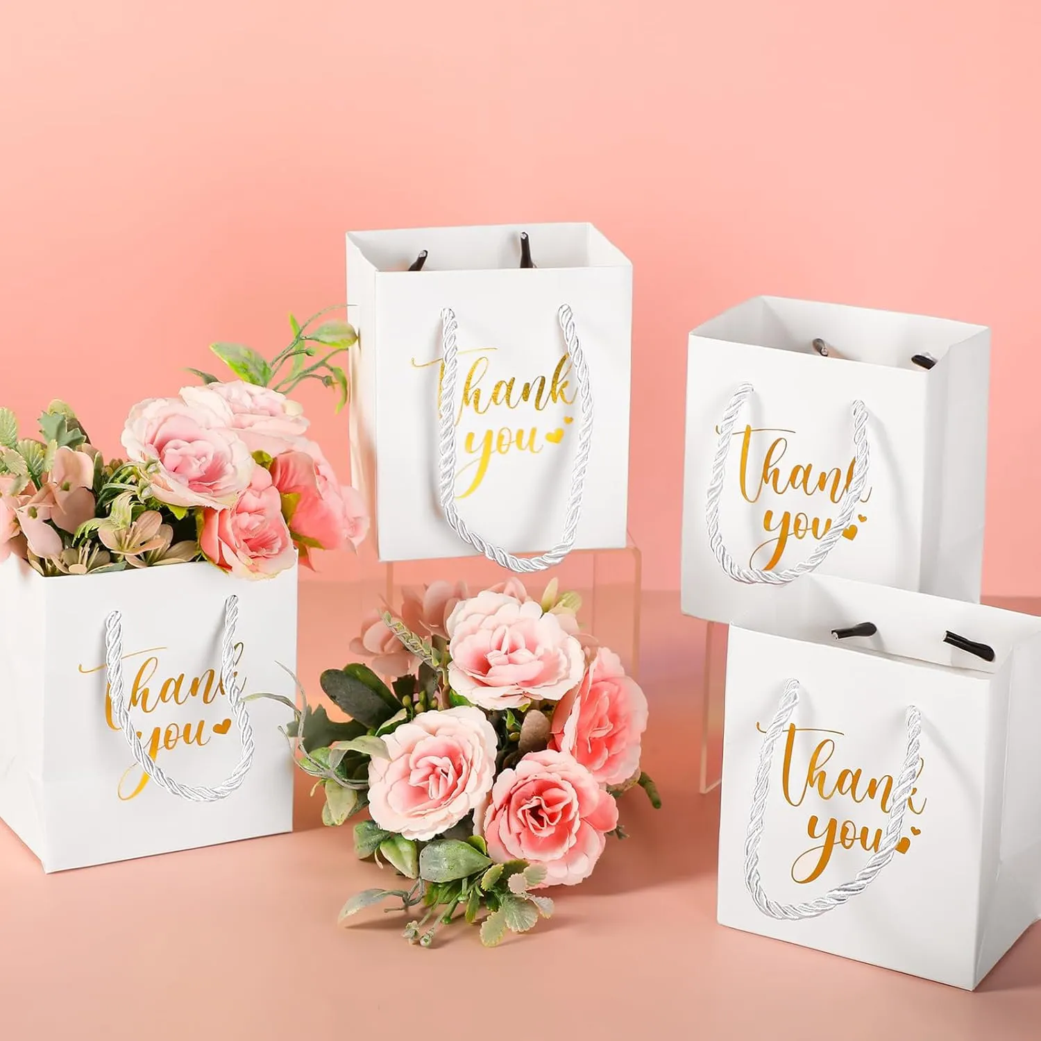 Honoson 30 Pcs Mini Gift Bag with Handle 4 x 2.75 x 4.5'' Small Thank You Paper Bag for Wedding Baby Shower Birthday Graduation Thanksgiving Party Favor Supplies(White/Gold)