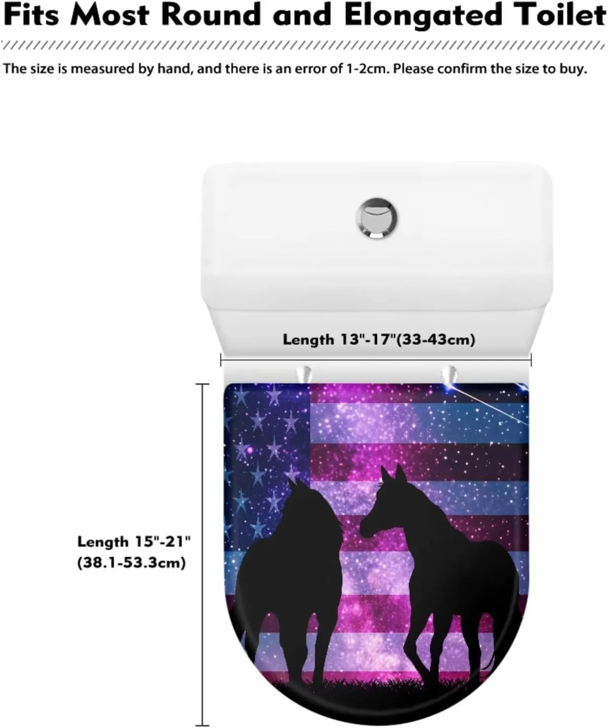 Horse American Flag Pattern 2 Pack Toilet Lid Cover with Toilet Tank Cover, Adjustable Toilet Protector with 2 Storage Bags, 15-21 in, Fits Most Round Elongated and Oblong Lids