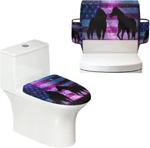 Horse American Flag Pattern 2 Pack Toilet Lid Cover with Toilet Tank Cover, Adjustable Toilet Protector with 2 Storage Bags, 15-21 in, Fits Most Round Elongated and Oblong Lids