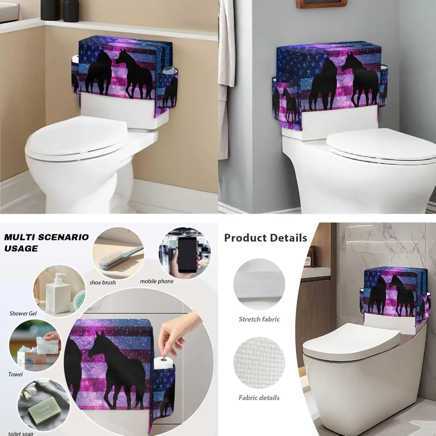 Horse American Flag Pattern 2 Pack Toilet Lid Cover with Toilet Tank Cover, Adjustable Toilet Protector with 2 Storage Bags, 15-21 in, Fits Most Round Elongated and Oblong Lids