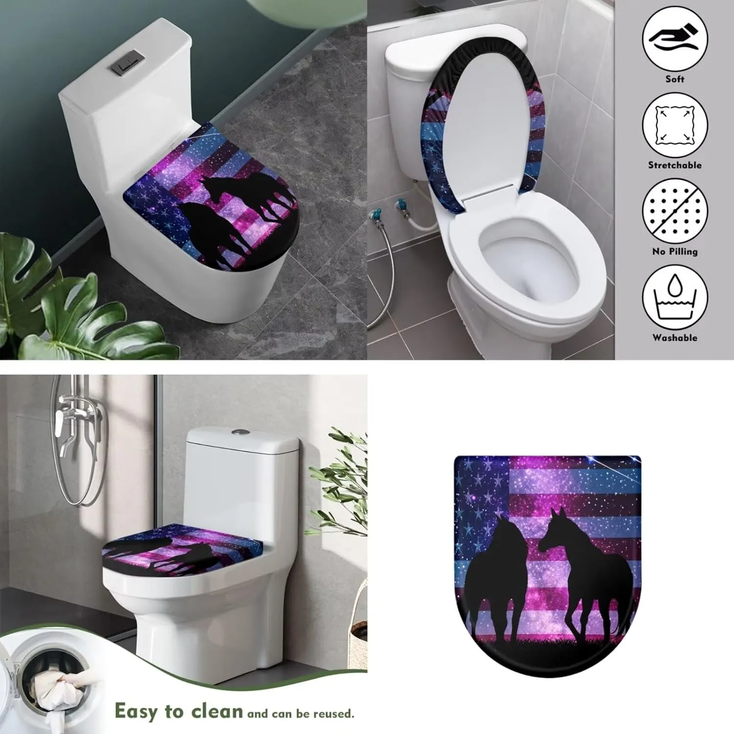 Horse American Flag Pattern 2 Pack Toilet Lid Cover with Toilet Tank Cover, Adjustable Toilet Protector with 2 Storage Bags, 15-21 in, Fits Most Round Elongated and Oblong Lids