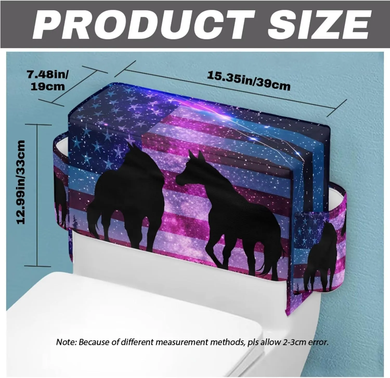 Horse American Flag Pattern 2 Pack Toilet Lid Cover with Toilet Tank Cover, Adjustable Toilet Protector with 2 Storage Bags, 15-21 in, Fits Most Round Elongated and Oblong Lids