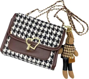 Houndstooth Faux Leather Crossbody Bags, Womens Metal Chain Strap Vegan Shoulder Clutch Purse with Rabbit Key Ring