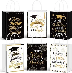 Humyoun 24 Pcs Christian Graduation Bags Bulk, 2025 Religious Graduation Paper Gift Bags Black and Gold Paper Goodie Boxes with Handle for Senior High School Student Party Supplies
