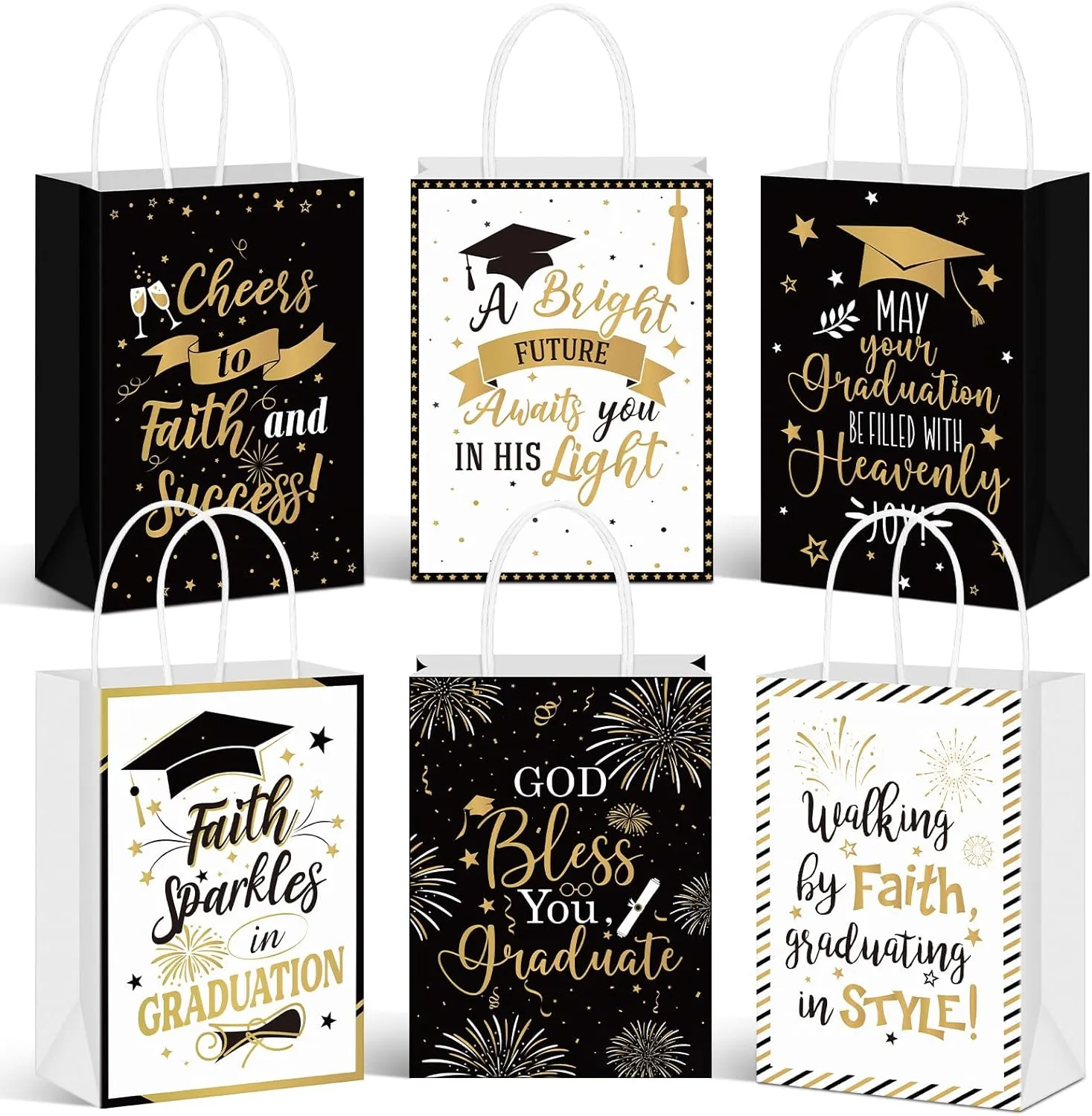 Humyoun 24 Pcs Christian Graduation Bags Bulk, 2025 Religious Graduation Paper Gift Bags Black and Gold Paper Goodie Boxes with Handle for Senior High School Student Party Supplies