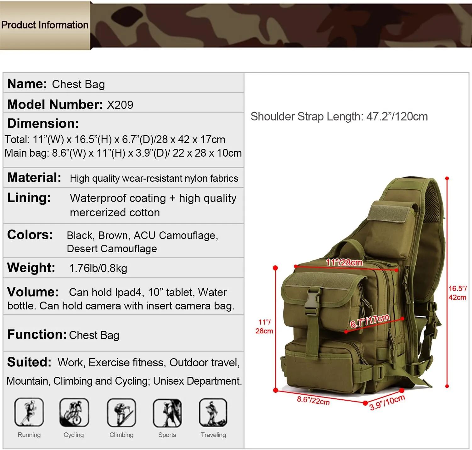 HUNTVP Tactical Military Sling Pack Chest Daypack Molle Backpack Shoulder Bag