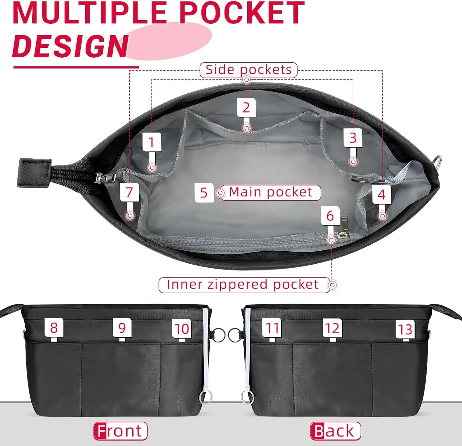HyFanStr Purse Organizer Insert with Zipped Top for Tote Bag, Handbag Shaper with 13 Pockets