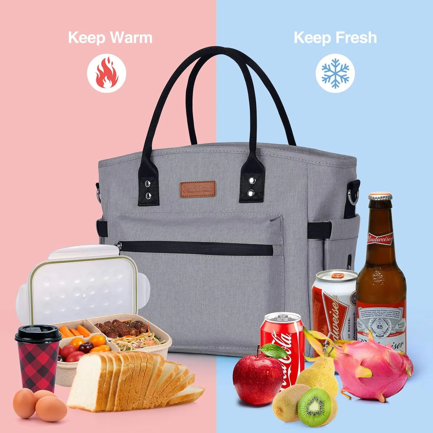 Insulated Lunch Bag for Women Men,Adult Lunch Box for Women with Adjustable Shoulder Strap,Portable Large Lunch Tote Bag for Office Work Picnic Beach,Reusable Lunch Cooler Bag Gray