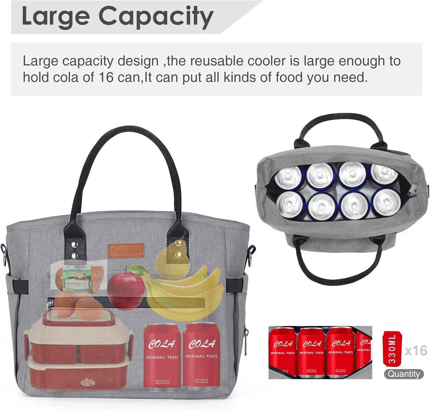 Insulated Lunch Bag for Women Men,Adult Lunch Box for Women with Adjustable Shoulder Strap,Portable Large Lunch Tote Bag for Office Work Picnic Beach,Reusable Lunch Cooler Bag Gray