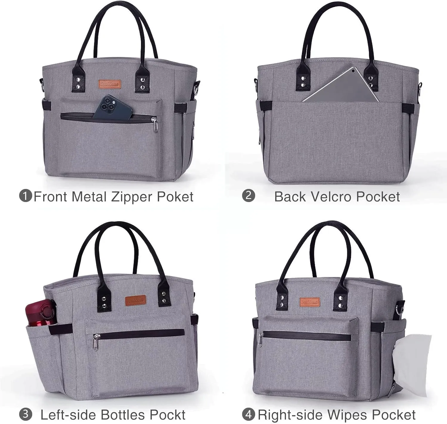 Insulated Lunch Bag for Women Men,Adult Lunch Box for Women with Adjustable Shoulder Strap,Portable Large Lunch Tote Bag for Office Work Picnic Beach,Reusable Lunch Cooler Bag Gray