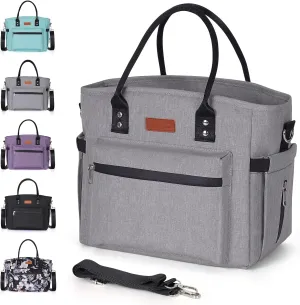 Insulated Lunch Bag for Women Men,Adult Lunch Box for Women with Adjustable Shoulder Strap,Portable Large Lunch Tote Bag for Office Work Picnic Beach,Reusable Lunch Cooler Bag Gray