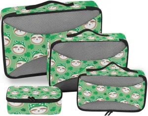 Irish Sloth Seamless Shamrock Clovers Lucky Leaves Saint Patrick 4 PCs Set Packing Bags, Luggage Organizer Bag, Portable Cube Toiletry bag, Durable Travel Cosmetic Storage Bag for Men Women