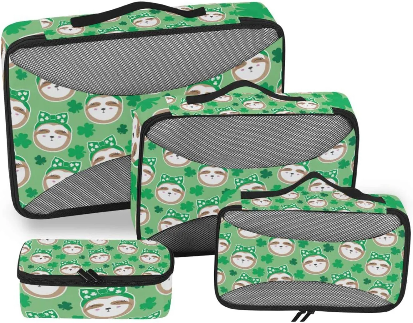 Irish Sloth Seamless Shamrock Clovers Lucky Leaves Saint Patrick 4 PCs Set Packing Bags, Luggage Organizer Bag, Portable Cube Toiletry bag, Durable Travel Cosmetic Storage Bag for Men Women