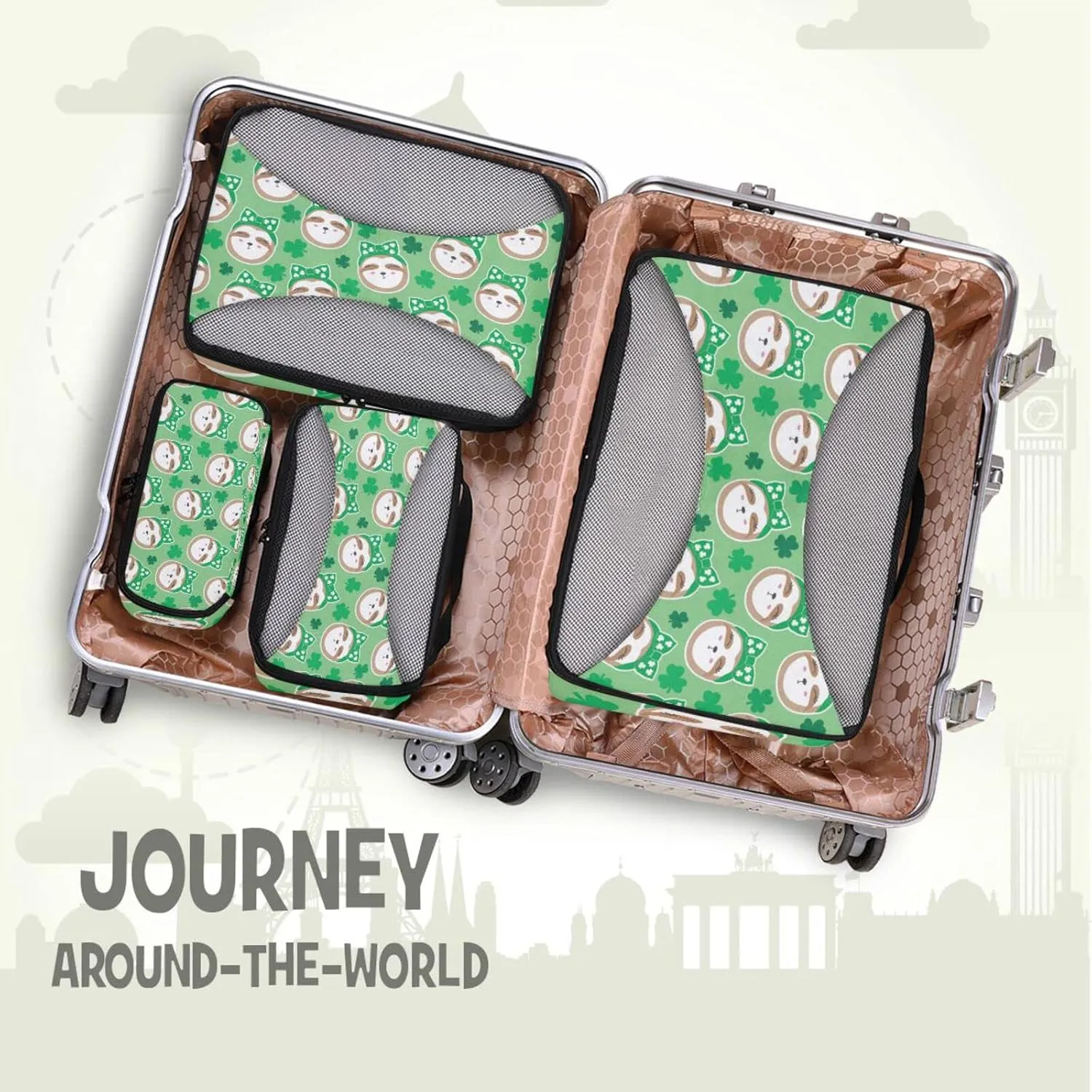 Irish Sloth Seamless Shamrock Clovers Lucky Leaves Saint Patrick 4 PCs Set Packing Bags, Luggage Organizer Bag, Portable Cube Toiletry bag, Durable Travel Cosmetic Storage Bag for Men Women
