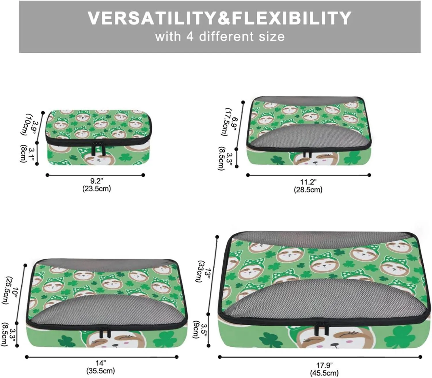 Irish Sloth Seamless Shamrock Clovers Lucky Leaves Saint Patrick 4 PCs Set Packing Bags, Luggage Organizer Bag, Portable Cube Toiletry bag, Durable Travel Cosmetic Storage Bag for Men Women
