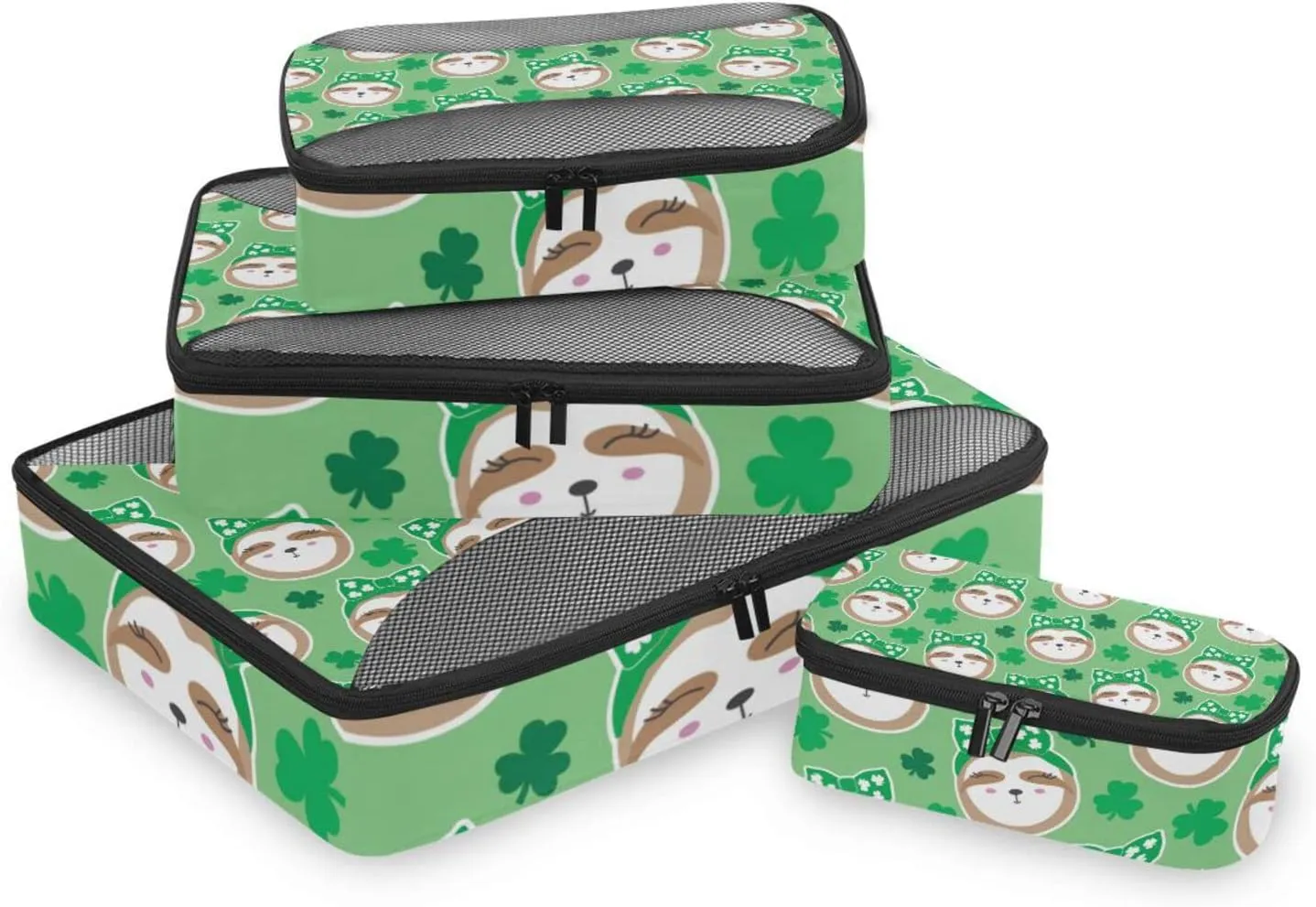 Irish Sloth Seamless Shamrock Clovers Lucky Leaves Saint Patrick 4 PCs Set Packing Bags, Luggage Organizer Bag, Portable Cube Toiletry bag, Durable Travel Cosmetic Storage Bag for Men Women