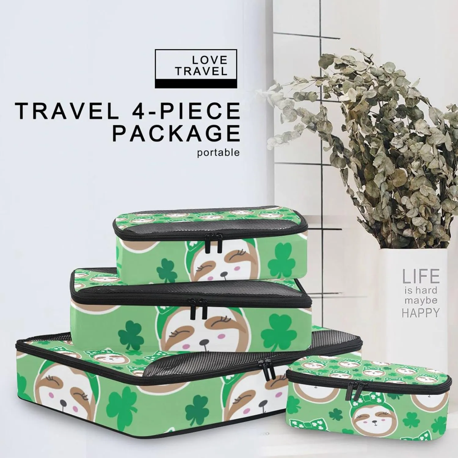 Irish Sloth Seamless Shamrock Clovers Lucky Leaves Saint Patrick 4 PCs Set Packing Bags, Luggage Organizer Bag, Portable Cube Toiletry bag, Durable Travel Cosmetic Storage Bag for Men Women