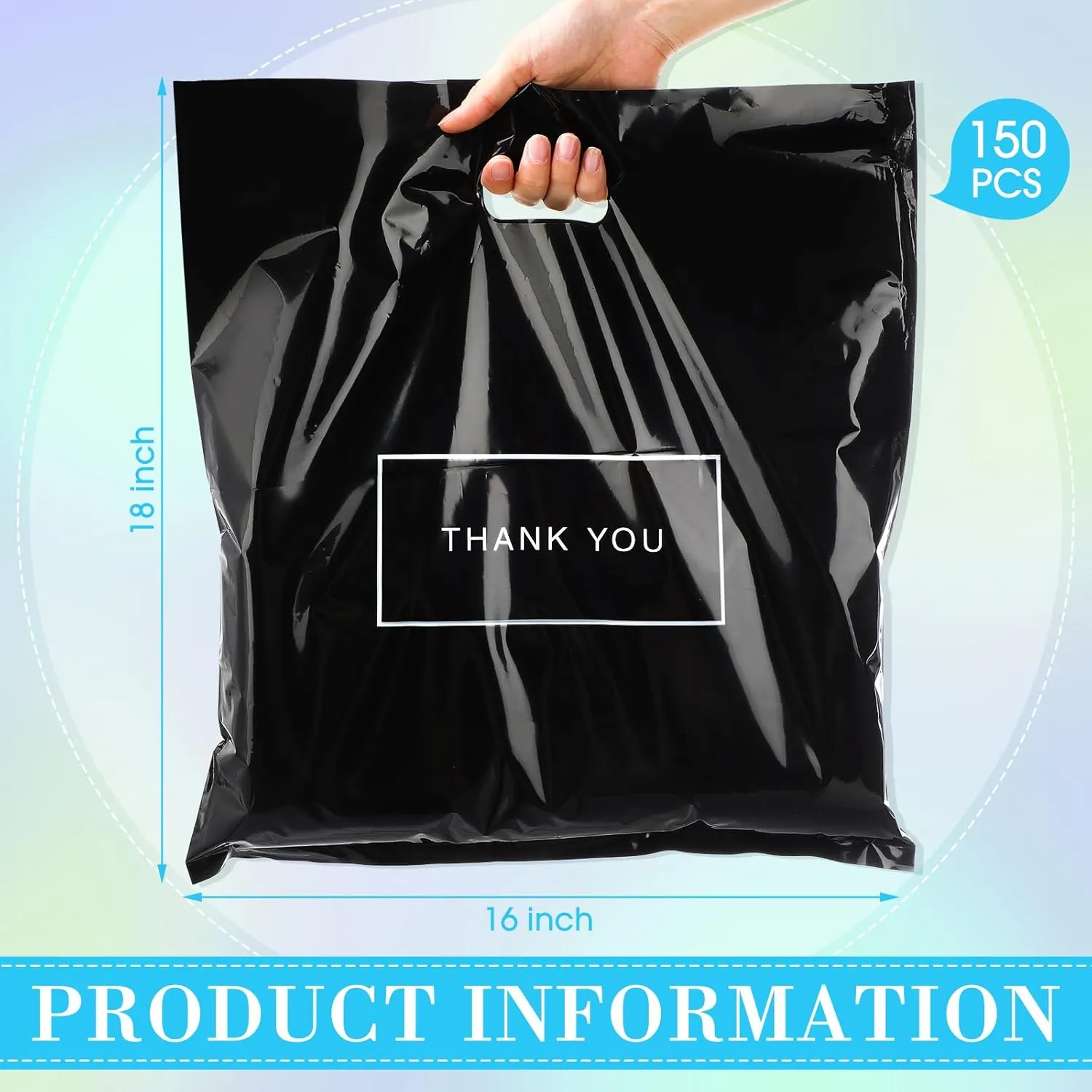 Janlaugh 150 Pcs Large Thank You Bags with Handle Bulk 16 x 18 Inch Thick Plastic Shopping Merchandise Boutique Retail Gift Goodie Bags 2.36 Mil(Black)