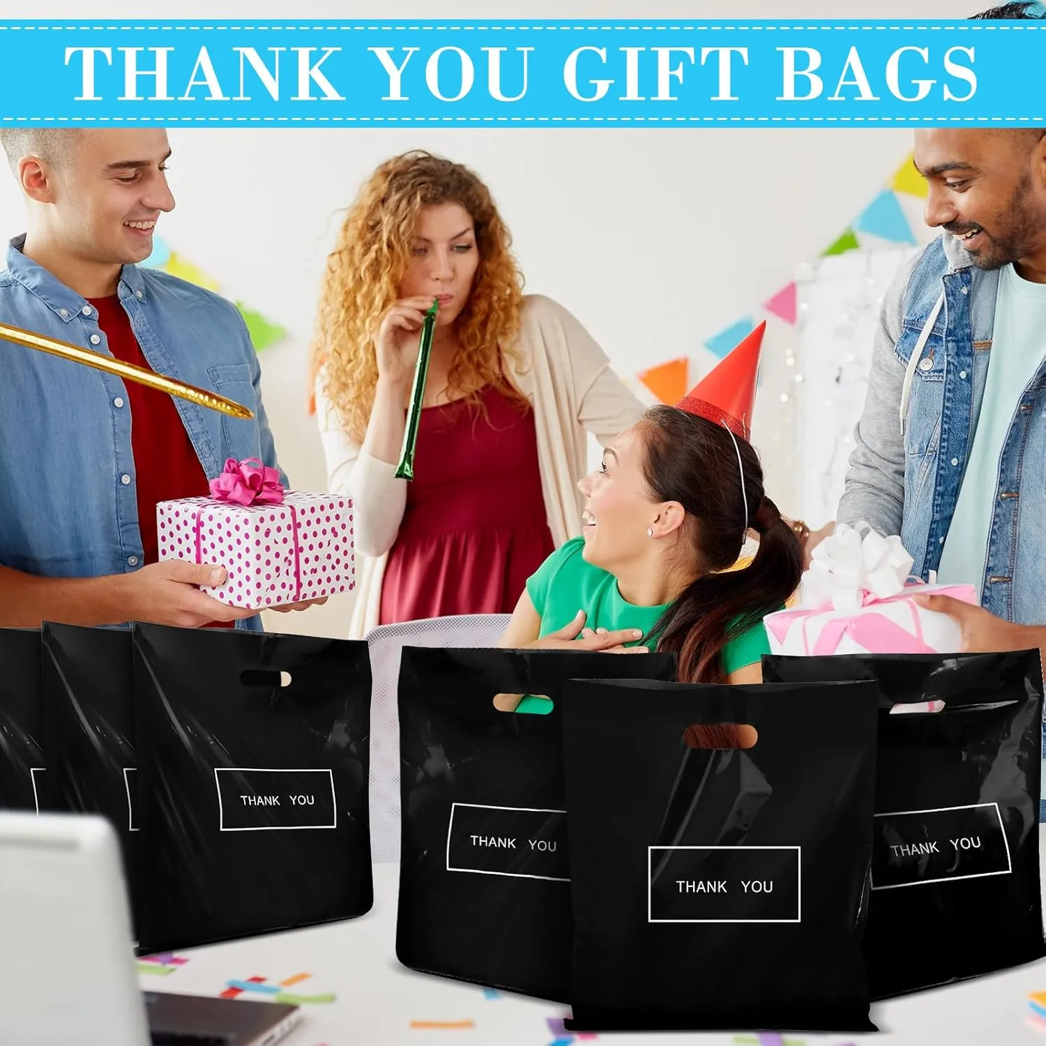 Janlaugh 150 Pcs Large Thank You Bags with Handle Bulk 16 x 18 Inch Thick Plastic Shopping Merchandise Boutique Retail Gift Goodie Bags 2.36 Mil(Black)