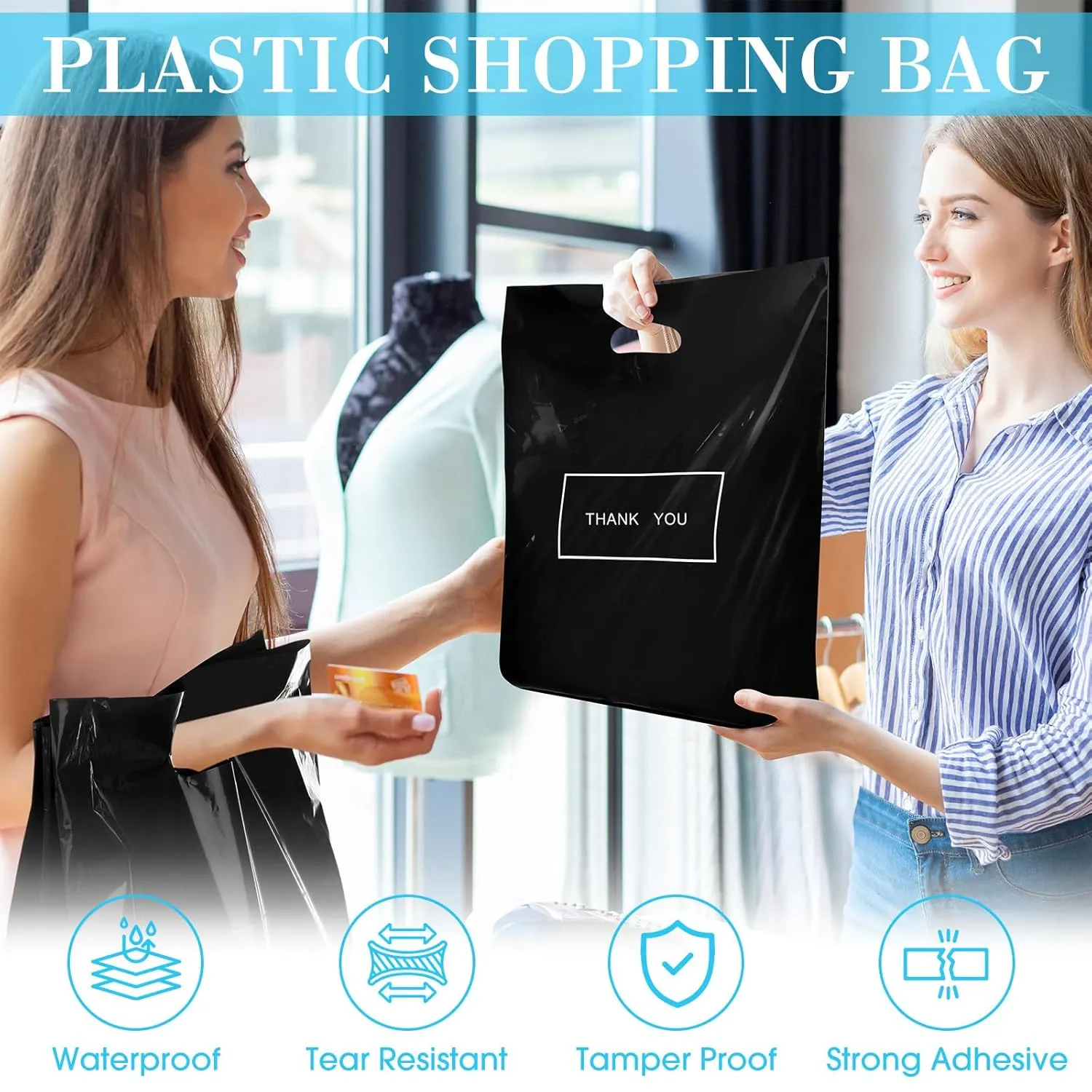Janlaugh 150 Pcs Large Thank You Bags with Handle Bulk 16 x 18 Inch Thick Plastic Shopping Merchandise Boutique Retail Gift Goodie Bags 2.36 Mil(Black)