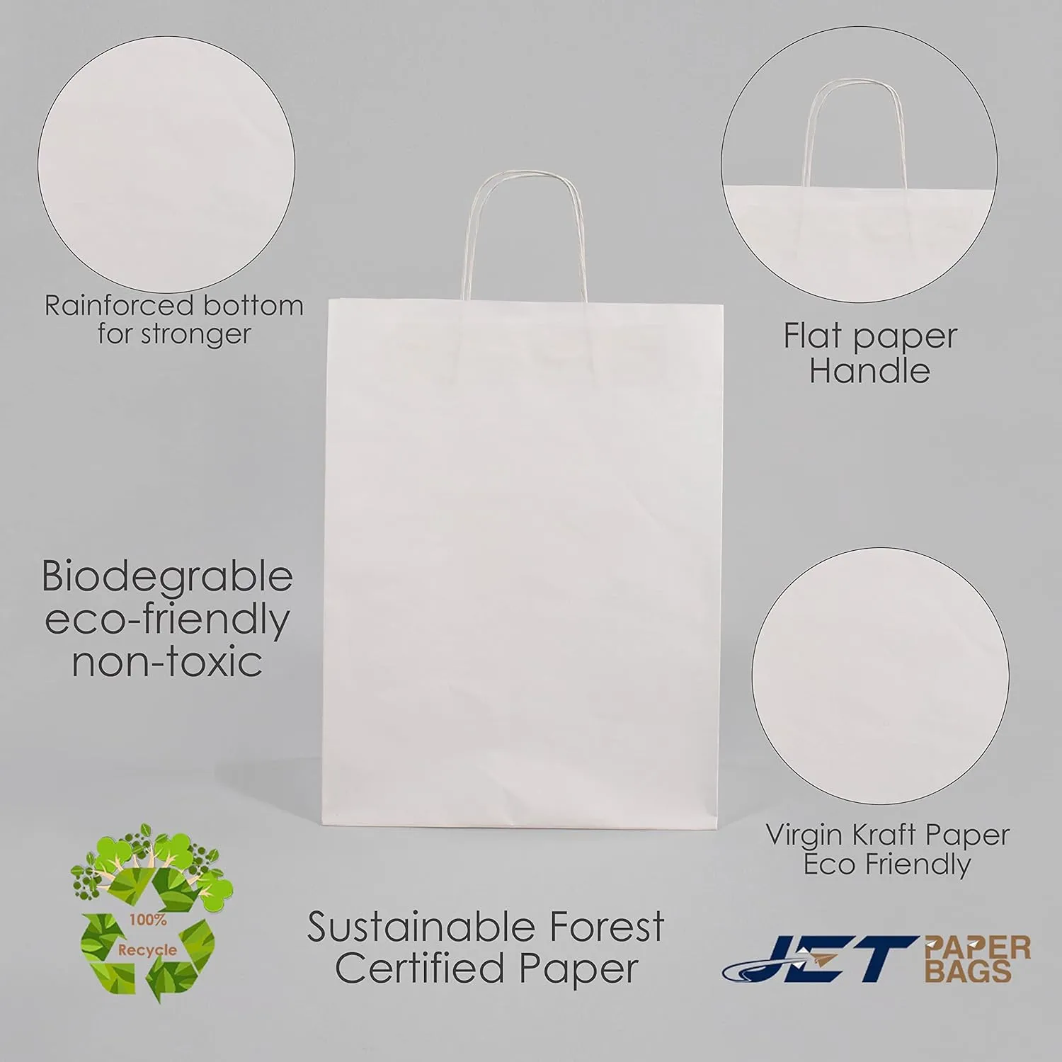 JET PAPER BAGS - 13”x7”x17” [50 Pcs] Large White Paper Bags with Handles Prime for Takeout, Grocery, Goody, Retail, Party, Gifts, Weddings - Recyclable Kraft Paper Gift Bags with Handles