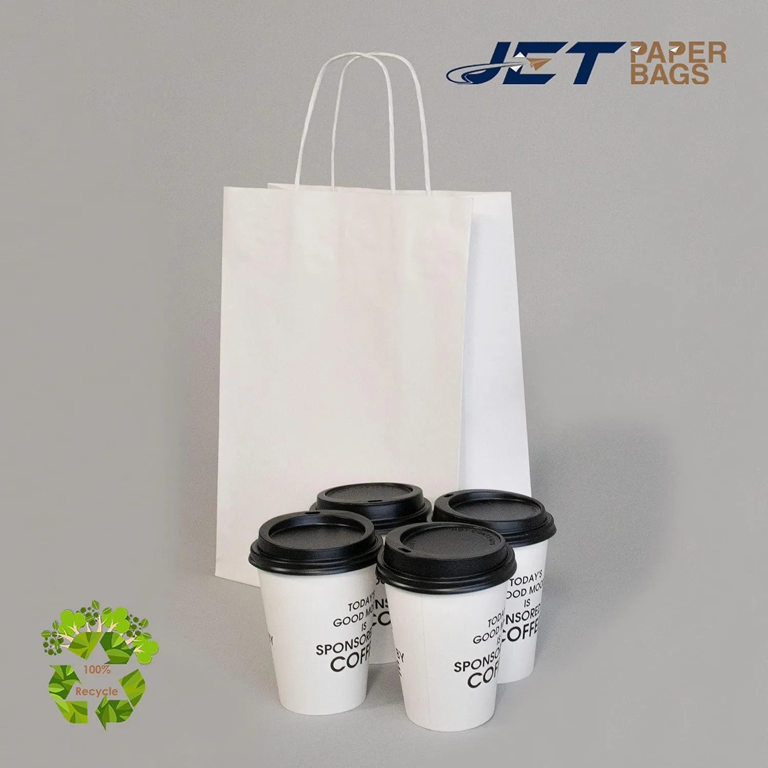 JET PAPER BAGS - 13”x7”x17” [50 Pcs] Large White Paper Bags with Handles Prime for Takeout, Grocery, Goody, Retail, Party, Gifts, Weddings - Recyclable Kraft Paper Gift Bags with Handles