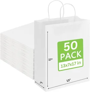 JET PAPER BAGS - 13”x7”x17” [50 Pcs] Large White Paper Bags with Handles Prime for Takeout, Grocery, Goody, Retail, Party, Gifts, Weddings - Recyclable Kraft Paper Gift Bags with Handles