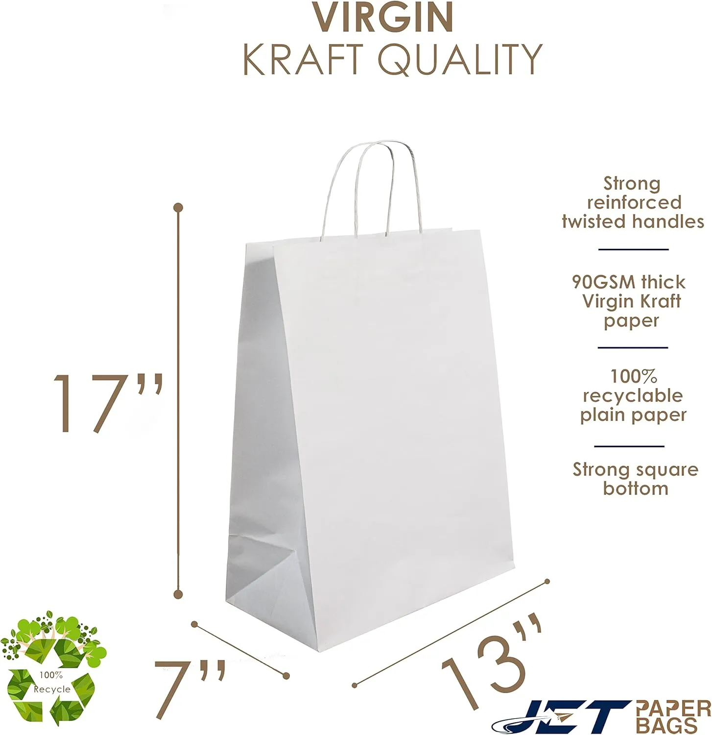 JET PAPER BAGS - 13”x7”x17” [50 Pcs] Large White Paper Bags with Handles Prime for Takeout, Grocery, Goody, Retail, Party, Gifts, Weddings - Recyclable Kraft Paper Gift Bags with Handles