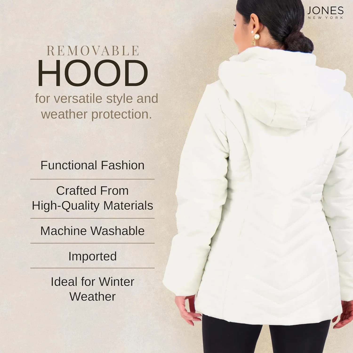 Jones NY Women's Puffer Jacket Zippered Removable Bungee Hood Womens Winter Coat
