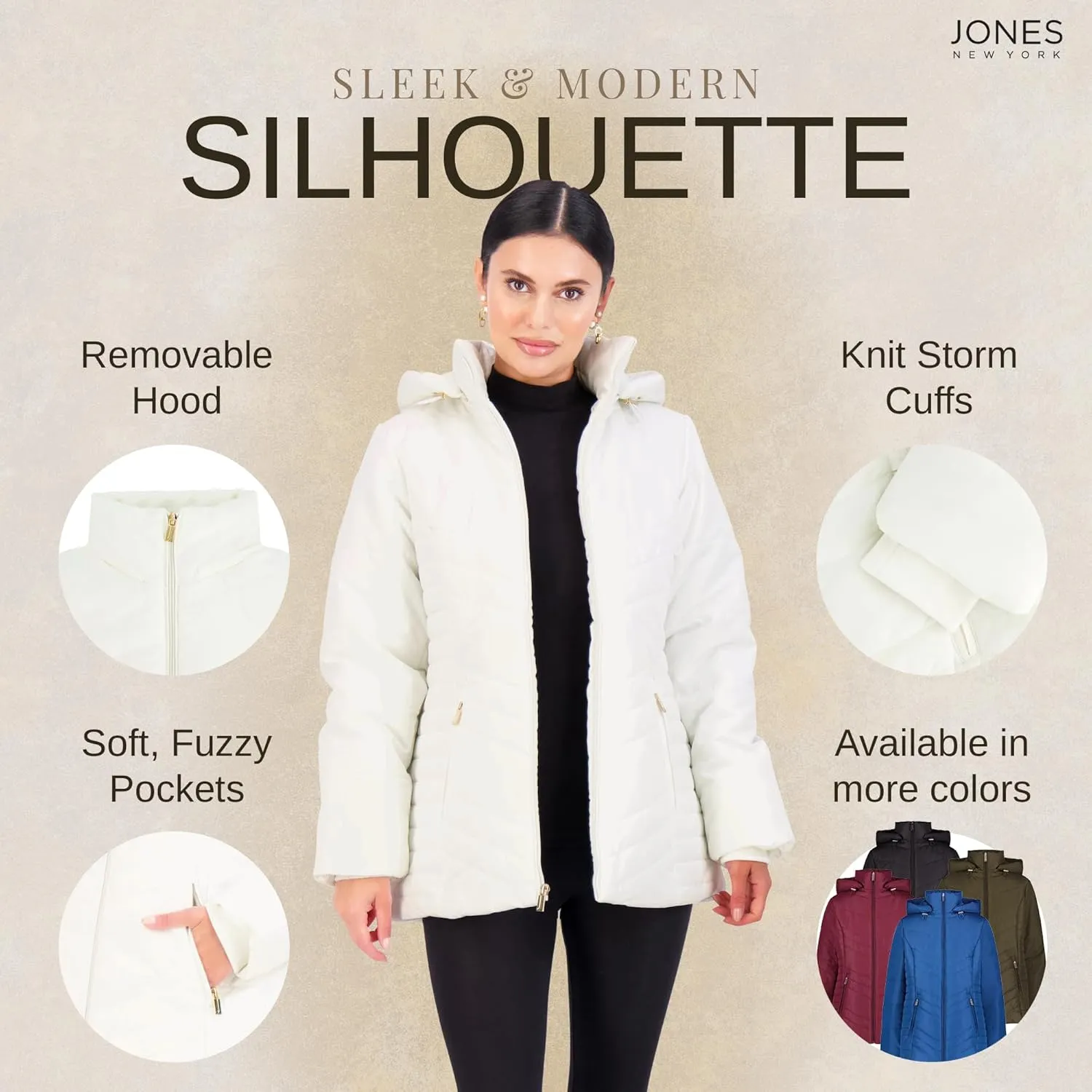 Jones NY Women's Puffer Jacket Zippered Removable Bungee Hood Womens Winter Coat